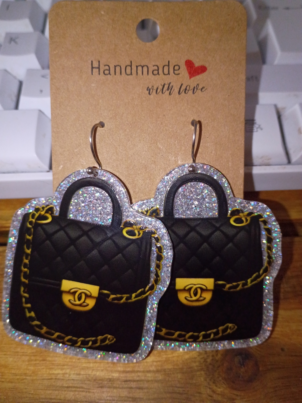 CC Quilted Black Gold & Silver Handbag Statement Earrings